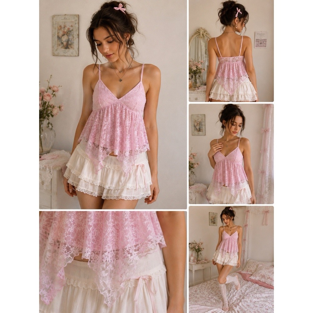 Coquette Fairycore Pink Lace‎ Babydoll Cami Handkerchief Hem Y2K Women's L 0498